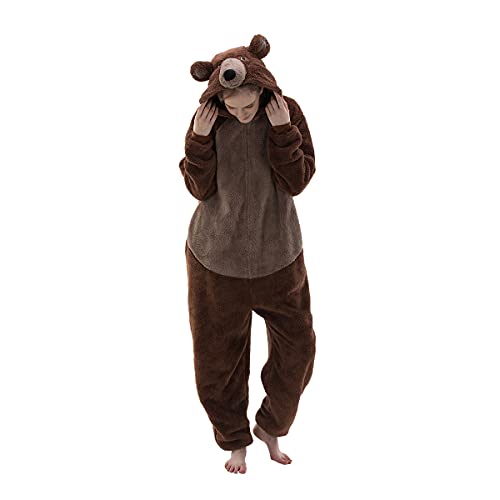 Fitted Unisex Adult Bear Onesie Pajamas, Halloween Sherpa Women's Cosplay Animal One Piece Costume, Brown, Medium