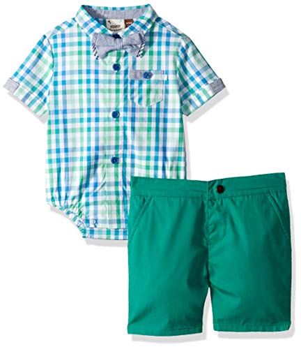Fore!! Axel & Hudson Boys' Check Onesie, Green Shorts and Bow Tie Set, Check/Green, 9/12 Months
