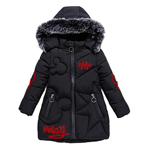 FunnyPaja Girls Winter Warm Jacket Coat Windbreaker with Soft Fur Hoodies Cartoon Pattern, Black, 3-4T
