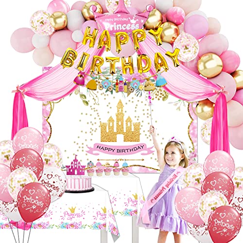 GREPARPY Princess Party Decorations - Princess Birthday Decorations Include Balloon Arch, Banner, Backdrop, Tablecloth, Tulle, Crown, Wand, Sash, Cake Topper, Girls Princess Birthday Party Supplies