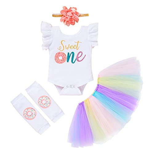 GRNSHTS Baby Girl Birthday Cake Smash Outfit Toddler Girl My 1st Birthday Romper Tutu Skirt with Headband Clothes Set, Donuts, 12-18 Months