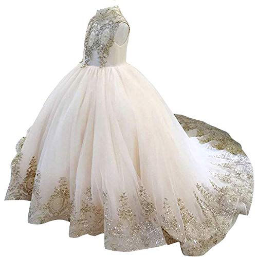 Gold Lace Flower Girls Pageant Dresses Long Puffy Prom Tulle Ball Gown Size 8