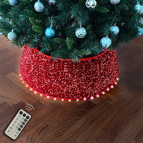 Halo Christmas tree skirt/ Tree Collar / Base Cover / Tree Bottom Cover Dismountable with Programmable LED Lights - Red 32 Inch