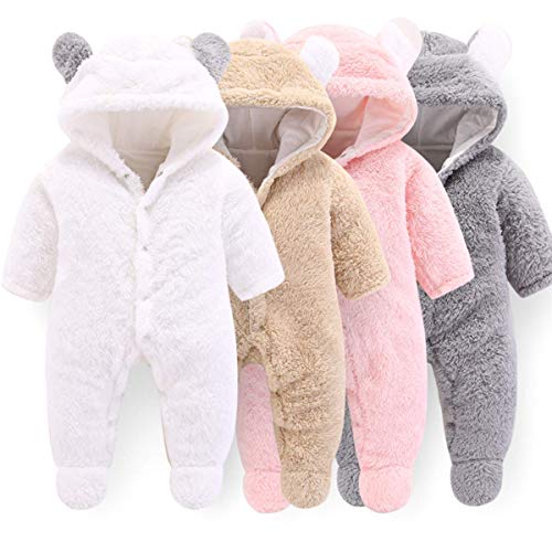 Haokaini Newborn Bear Warmer Snowsuit Cotton Fleece Hooded Romper Jumpsuit for Baby Girls Boys (3-6M, White)