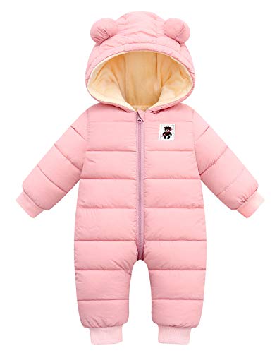 Happy Cherry Hooded Puffer Jacket for Baby Girls Boys Warm Jumpsuit Winter Snowsuit Long Sleeve Down Coat Romper Padded Onesie 18-24 Months Pink