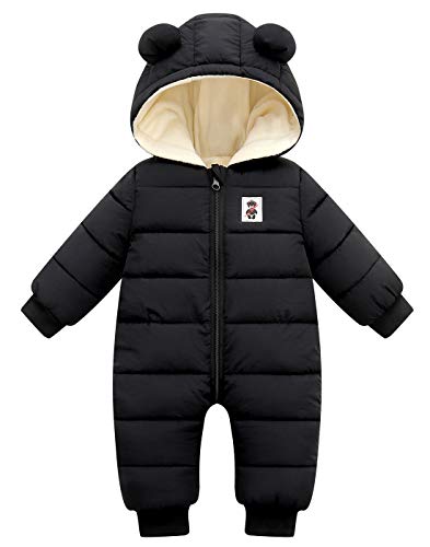 Happy Cherry Toddler Baby Warm Romper One-Piece Winter Coat Zipper Long Sleeve Cute Snowsuit Hoodie Jumpsuit Puffer Jacket for Girls Boys 6-12 Months Black