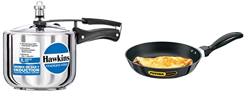 Hawkins 3 Litre Pressure Cooker, Stainless Steel Cooker, Induction Cooker - Inner Lid & Nonstick 3.25 mm Frying Pan (1 litre, 22 cm)