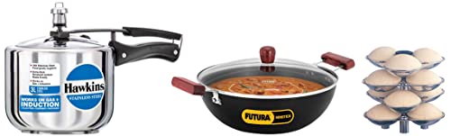 Hawkins 3ltr Pressure Cooker, Cooker, Tall Design Cooker, Induction Cooker (B33) - Inner Lid&Hawkins Idli Stand - 12 Mini Idlis, (For 3ltr),&Hawkins Futura 5ltr Deep Kadhai with Lid, Nonstick Kadhai