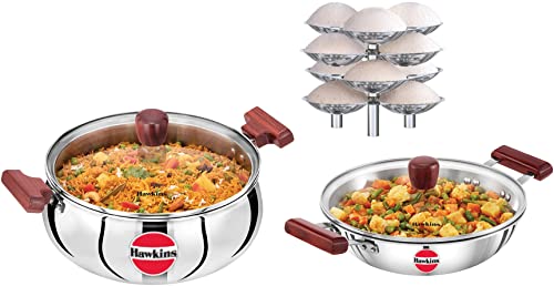 Hawkins 5ltr Cook n Serve Handi with Glass Lid&Hawkins Tri-Ply Induction Compatible Deep-Fry Pan with Glass Lid, Capacity 2.5ltr &Hawkins Idli Stand - 12 Idlis, (for 5ltr and Bigger Pressure Cooker)