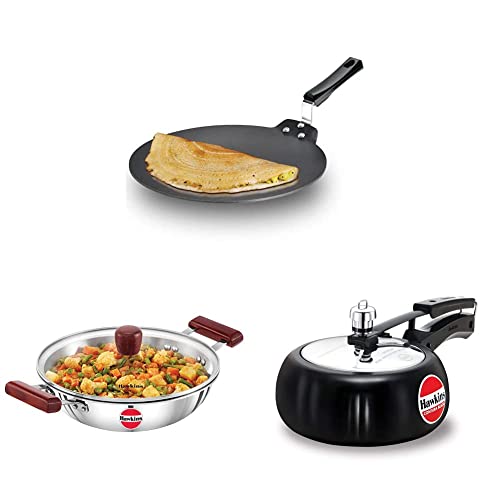 Hawkins Aluminium Futura Dosa Tava, Diameter 30 Cm, Thickness 4.88 Mm (Black) & Contura Hard Pressure Cooker, 2 Liters , Black & Hawkins Tri-Ply Induction Compatible Deep-Fry Pan, Silver