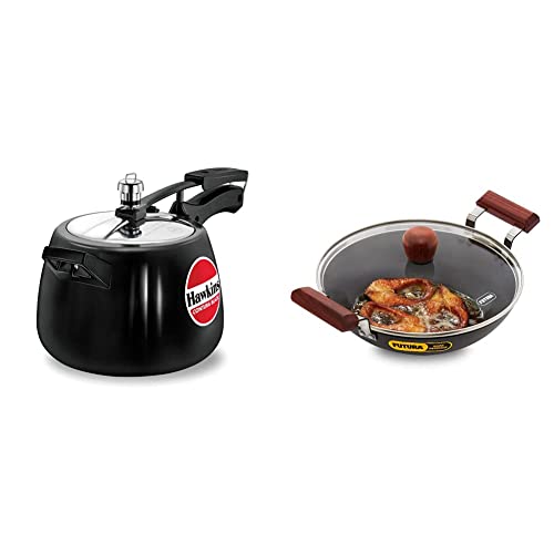 Hawkins - CB40 Contura Hard Anodised Aluminium Pressure Cooker, 4 Litres/130mm, Black and Futura Hard Anodised Aluminium Deep Fry Pan(Fish-Fry Kadhai), 2.5 litres, Black (AFFK25G)