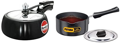 Hawkins Contura Black Pressure Cooker, 3.5 Litre, Black (Cb35) & Futura Hard Anodised Saucepan With Stainless Steel Lid, Capacity 1 Litre, Diameter 14 Cm, Thickness 3.25 Mm, Black (As10S), 3.5 Liter