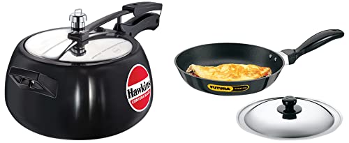 Hawkins Contura Black Pressure Cooker, 5 Litre, Black (Cb50) & Futura Nonstick Frying Pan With Stainless Steel Lid, Capacity 1 Litre, Diameter 22 Cm, Thickness 3.25 Mm, Black (Nf22S), 5 Liter