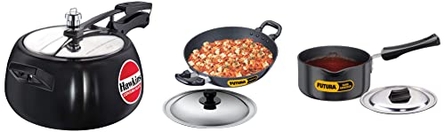Hawkins Contura Black Pressure Cooker, 5 Litre, Black & Futura Deep-Fry Pan,Black & Futura Hard Anodised Saucepan, Capacity 1.5 Litre, Diameter 16 Cm, Thickness 3.25 Mm, Black, 1.5 Liter