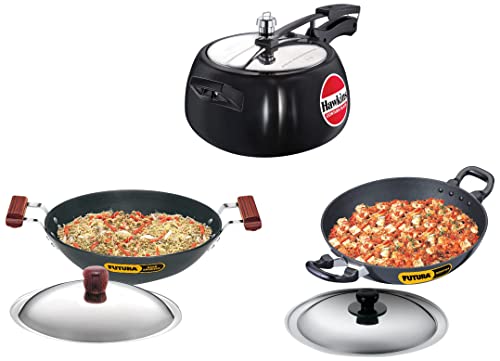 Hawkins Contura Black Pressure Cooker,5 Litre,Black&Futura Deep-Fry Pan,Black&Futura Hard Anodised Deep-Fry Pan(Flat Bottom),Capacity 3.75 Litre,Diameter 30 Cm,Thickness 4.06 Mm,Black,5 Liter