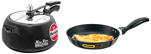 Hawkins Contura Black XT Induction Compatible Aluminium Inner Lid Pressure Cooker, 5 Litre & Hawkins Futura Nonstick 3.25 mm Thickness Frying Pan (1 litre, 22 cm)