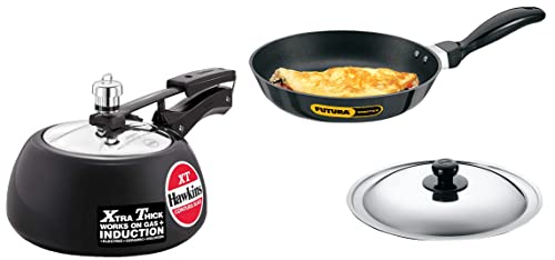 Hawkins Contura Black XT Induction Compatible Hard Anodised & Stainless Steel Inner Lid Pressure Cooker, 2 Litre & Nonstick Induction Compatible Frying Pan with Stainless Steel Lid, 1 Litre