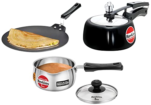 Hawkins Contura Hard Anodised Aluminium Pressure Cooker, 1.5 Liters, Black & Aluminium Futura Dosa Tava, Diameter 30 cm, Thickness 4.88 mm (Black) & Induction Compatible TPan, Capacity 1 Litre, Silver