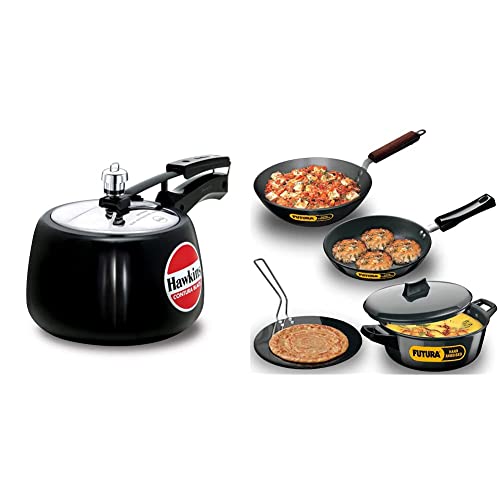 Hawkins Contura Hard Anodised Aluminium Pressure Cooker, 3 Litres, Black & Hawkins Futura Hard Anodised Cookware Set, 4 Pieces (Ls1)
