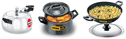 Hawkins Contura Inner Lid Pressure Cooker, 5ltr &Hawkins Futura Hard Anodised Handi Saucepan, 3ltr, 21 cm, 4.06 mm&Hawkins Futura Nonstick Deep-Fry Pan with Lid, 4ltr, 30 cm, 3.25 mm