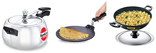 Hawkins Contura Inner Lid Pressure Cooker, 5ltr &Hawkins Futura Nonstick Dosa Tava, 33 cm, 4.88 mm NDT33&Hawkins Futura Nonstick Deep-Fry Pan (Kadhai, Round Bottom) with Lid, 4ltr, 30 cm, 3.25 mm