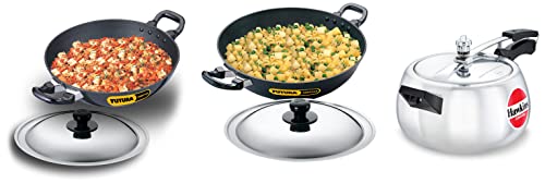 Hawkins Contura Pressure Cooker, 5ltr &Hawkins Futura 2.5ltr Deep Fry Pan, Non Stick Kadai with Lid, Round Bottom Kadhai (NK25S)&Hawkins Futura Nonstick Deep-Fry Pan with Lid, 4ltr, 30 cm, 3.25 mm