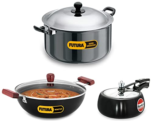 Hawkins Cook-n-Serve Stewpot with Lid, Capacity 8.5 Litre, 28 cm, 4.06 mm, Black & Hawkins Pressure Cooker, 3.5 litres, Black & Hawkins Futura 5 Litre Deep Kadhai with Glass Lid, Black (INK50G)