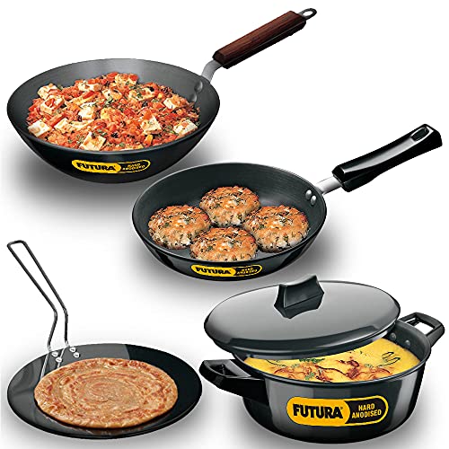 Hawkins Futura 4 Pieces Cookware Set 1 - Hard Anodised Tava, Frying Pan, Kadhai and Cook-n-Serve Bowl and One Hard Anodised Lid, Black (ASET1)