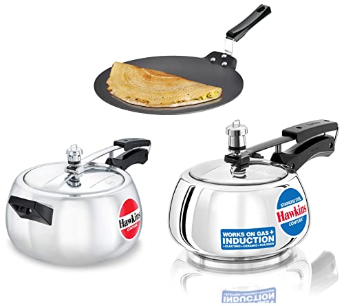 Hawkins Futura Dosa Tava, Diameter 33 cm, Thickness 4.88 mm (Black) & Contura Pressure Cooker, 5 Litre, Silver (HC50) & Contura Induction Compatible Pressure Cooker, 2 Litre, Silver (SSC20)