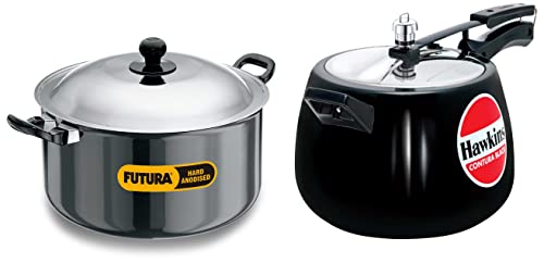 Hawkins Futura Hard Anodised Cook-N-Serve Stewpot with Hard Anodised Lid,Capacity 8.5 Litre,Diameter 28 Cm,Thickness 4.06 Mm,Black(Ast85)&Contura Black Pressure Cooker,6.5 Litre,Black(Cb65),6.5 Liter