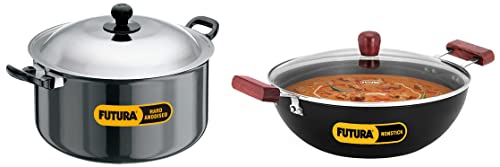Hawkins Futura Hard Anodised Cook-n-Serve Stewpot with Hard Anodised Lid, 8.5 Litre, 28 cm, 4.06 mm (AST85) & 5 Litre Deep Kadhai with Glass Lid, Induction Kadai, Deep Fry Pan