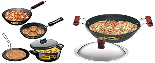 Hawkins Futura Hard Anodised Cookware Set, 4 Pieces (Ls1) & Hawkins - L26 Futura Hard Anodized Flat Bottom Deep-Fry Pan with Steel Lid (3.75 Liter, 30 cm)