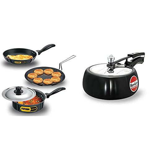 Hawkins Futura Non-Stick Cookware Set, 4 Pieces (QS1) and Contura Hard Anodised Aluminium Pressure Cooker, 3.5 litres, Black