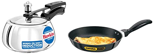 Hawkins Futura Nonstick 3.25 mm Thickness Frying Pan (1 Litre, 22 cm, Black) & Stainless Steel Contura Induction Compatible Pressure Cooker, 2 Litre, Silver (SSC20)