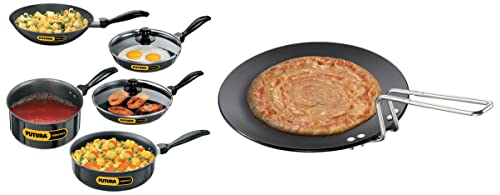 Hawkins - L-59 Futura Hard Anodised Tawa, 28cm, Black and Futura Non-Stick Cookware, 7-Pieces, Black