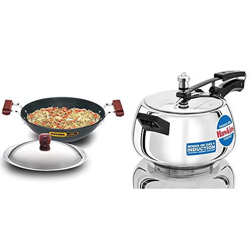 Hawkins - L26 Futura Hard Anodized Flat Bottom Deep-Fry Pan with Steel Lid (3.75 Liter, 30 cm) Stainless Steel Pressure Cooker, 5 litres, Silver
