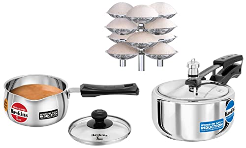 Hawkins Pressure Cooker, 2 Litre, Silver (Hss20) & Idli Stand - 12 Idlis,Silver (Id12L),Aluminium Compatible Tpan (Saucepan), Capacity 1 Litre, Thickness 0.9 Mm, Silver (Sst10G), 12 Liter