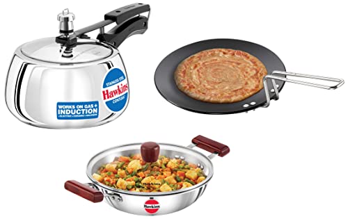 Hawkins Pressure Cooker, 3 Litre, Silver & Hawkins Tri-Ply Deep-Fry Pan,Silver & Futura Hard Anodised 4.88 Mm Thickness Tava (Diameter 28 Cm, Black), 3 Liter
