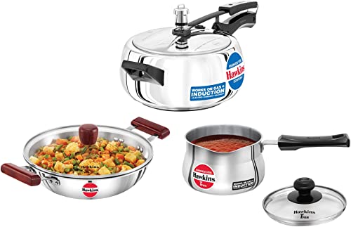 Hawkins Pressure Cooker, 3.5 Litre, Silver (SSC35)&Hawkins TPan (Saucepan) with Glass Lid, 1.5 Litre, 4.7 mm, Silver (SST15G)&Hawkins Fry Pan with Glass Lid, 2.5 Litre, 26 cm, 3 mm, Silver (SSD25G)