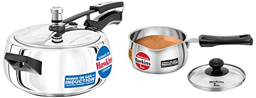 Hawkins Stainless Steel Contura Induction Compatible Inner Lid Pressure Cooker, 3.5 Litre & Stainless Steel Induction Compatible TPan with Glass Lid, 1 Litre, 0.9 mm