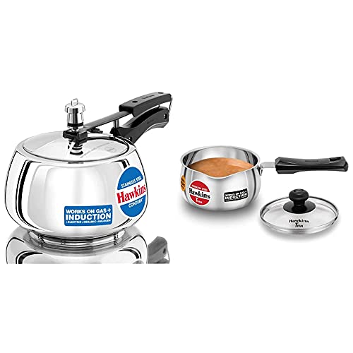 Hawkins Stainless Steel Contura Induction Compatible Pressure Cooker, 3 Litre & Stainless Steel Induction Compatible TPan with Glass Lid, Capacity 1 Litre, 0.9 mm