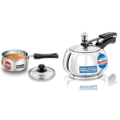 Hawkins Stainless Steel Induction Compatible TPan (Saucepan) with Glass Lid, Capacity 1 Litre, Thickness 4.7 mm, Silver (SST10G)+Hawkins Stainless Steel Contura Induction Compatible Pressure Cooker,