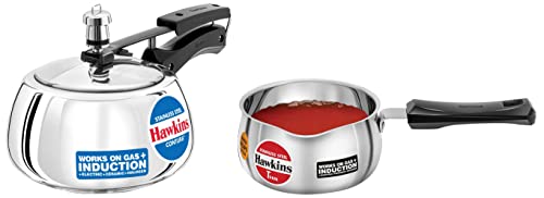 Hawkins Stainless Steel Induction Compatible Tpan(Saucepan),Capacity 1 Litre,Thickness 4.7 Mm,Silver(Sst10)&Stainless Steel Contura Induction Compatible Pressure Cooker,2 Litre,Silver,1 Liter