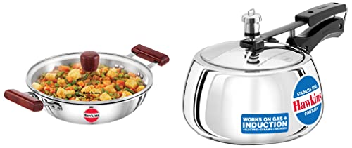 Hawkins Stainless Steel Pressure Cooker, 3 Litre, Silver & Hawkins Tri-Ply Deep-Fry Pan,Silver & Hawkins Tri-Ply Induction Compatible Tava, Diameter 24 Cm, Thickness 3.5 Mm, Silver (Sstv24), 3 Liter