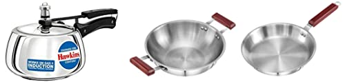 Hawkins Stainless Steel Pressure Cooker,3 Litre,Silver Tri-Ply Deep-Fry Pan,Silver Tri-Ply Induction Compatible Frying Pan,Diameter 26 Cm,Thickness 3 Mm,Silver(Ssf26),3 Liter