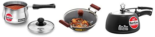 Hawkins Stainless Steel Tpan Capacity 1.5 Litre,Thickness 4.7 Mm,Silver&Pressure Cooker,5 Litre,Black&Round Bottom 3.25 Mm Thickness Kadhai(Capacity 2.5 Litre,Diameter 25 Cm,Black),5 Liter