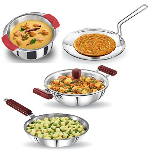 Hawkins Tri-Ply Stainless Steel Cookware Combo Set, 4 pcs (26 cm Frying Pan, 26cm Tava, 2.5 L Deep-Fry Pan with Glass Lid and 2 L Patila)