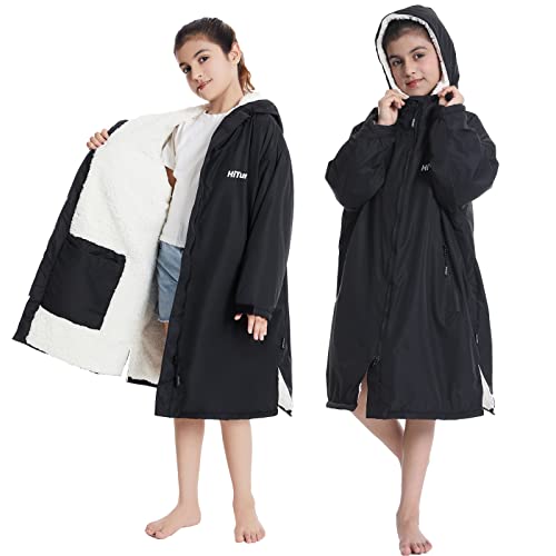 Hiturbo Kids Swim Parka, Waterproof Changing Robe Swimming Coat Hooded Surf Poncho with Sherpa Fleece Lining for 5-12 Years (Black)