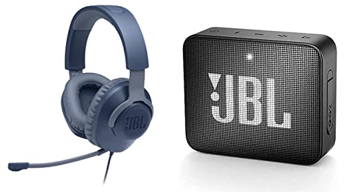 JBL Quantum 100, Wired Over Ear Gaming Headphones with mic for PC, Mobile & Go 2, Wireless Portable Bluetooth Speaker with Mic, Vibrant Color Options with IPX7 Waterproof & AUX (Black)