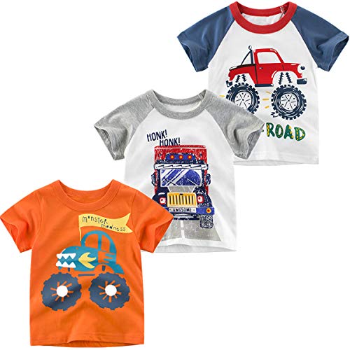 JUNOAI Toddler Little Boys Clothes 3-Pack Dinosaur Short Sleeve Crewneck T-Shirts Top Tee Size for 2-7 Years (Truck, 6T)